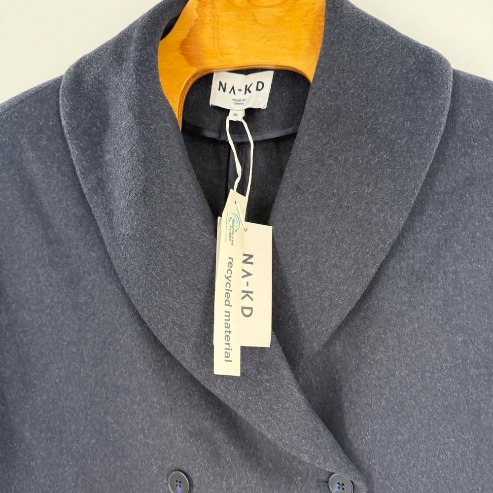 NA-KD Wool Blend Short Coat Navy Blue Double‎ Breasted Shawl Collar EU 36 NEW - Picture 8 of 11